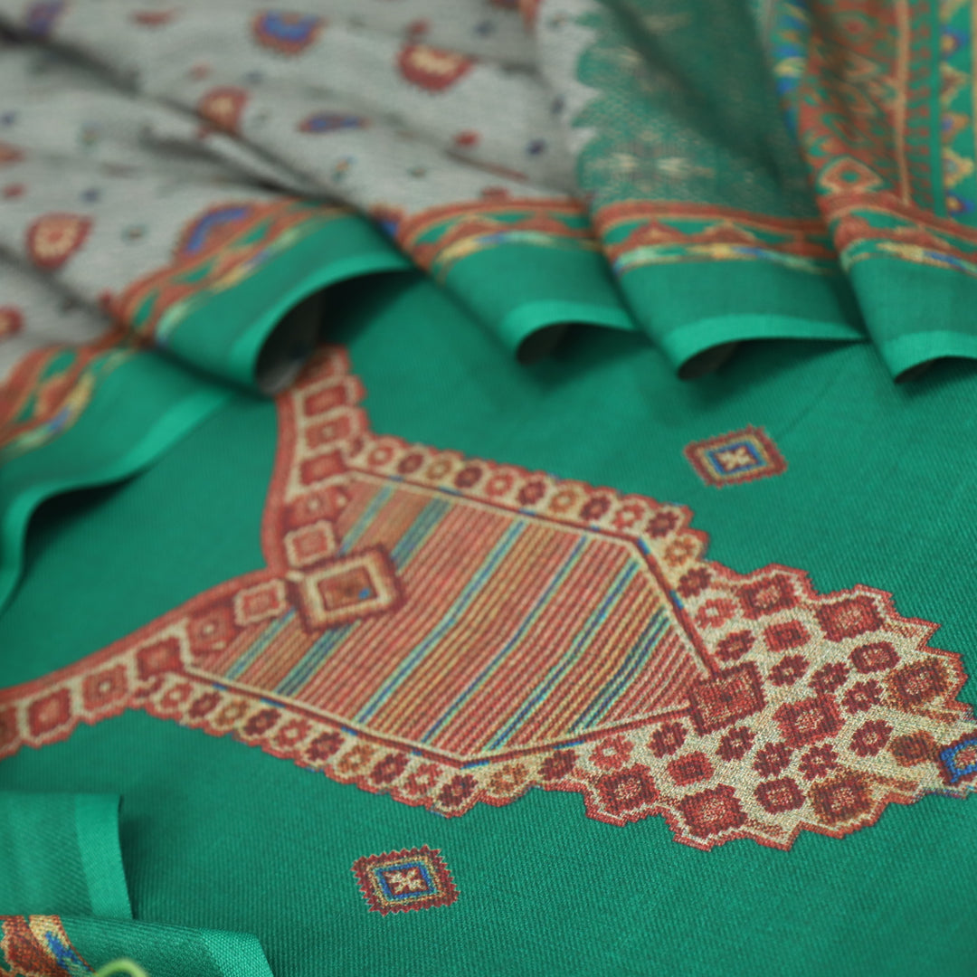 Qurbat Grass Green Digital Printed Semi Pashmina Suit Set