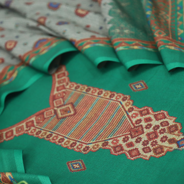 Qurbat Grass Green Digital Printed Semi Pashmina Suit Set