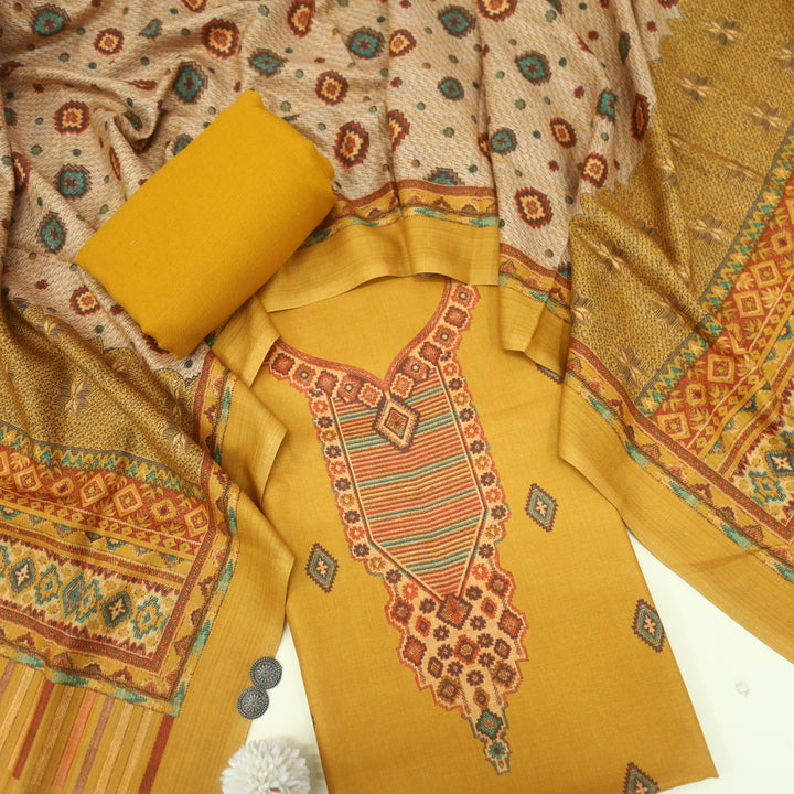 Qurbat Dandelion Yellow Digital Printed Semi Pashmina Suit Set