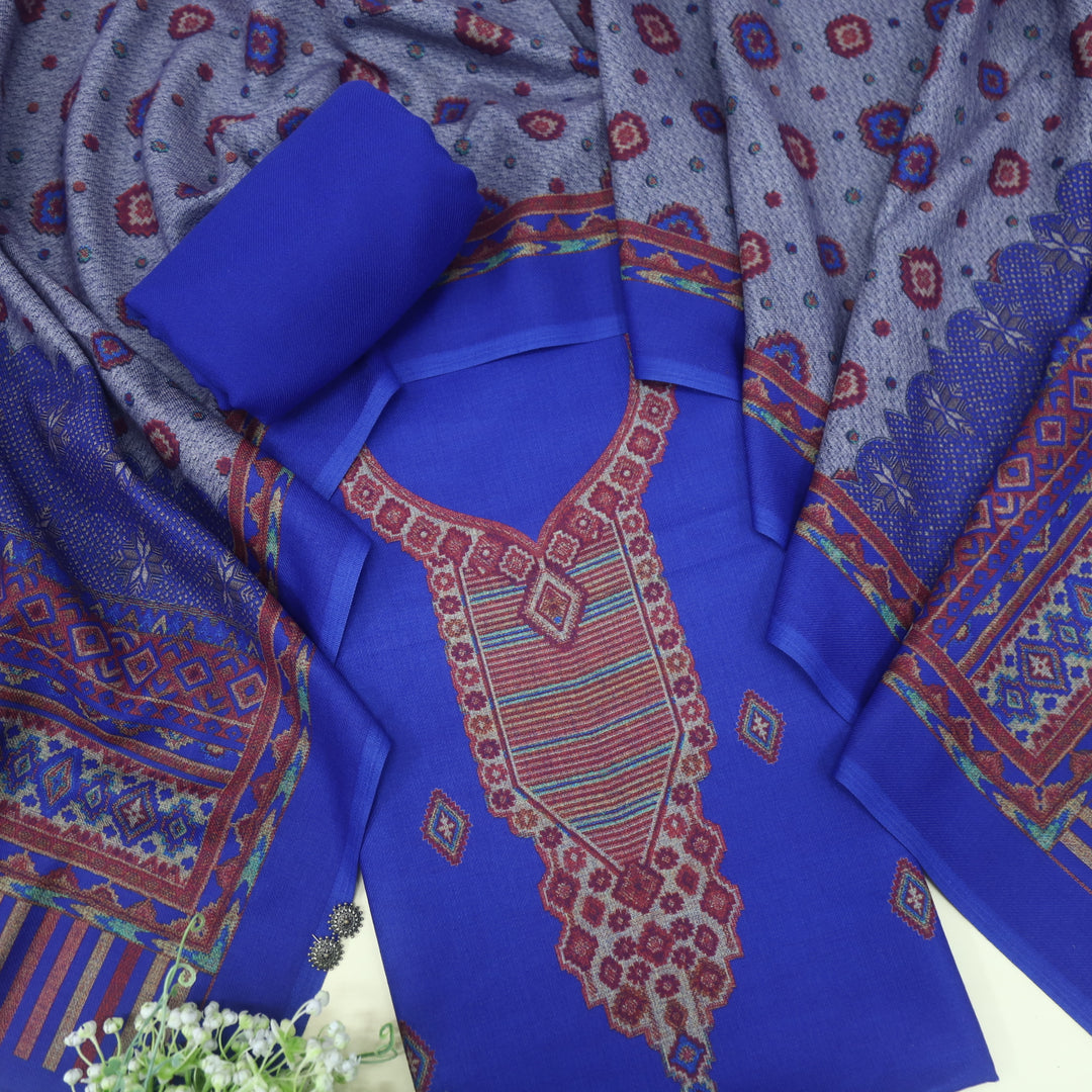 Qurbat Vibrant Blue Digital Printed Semi Pashmina Suit Set