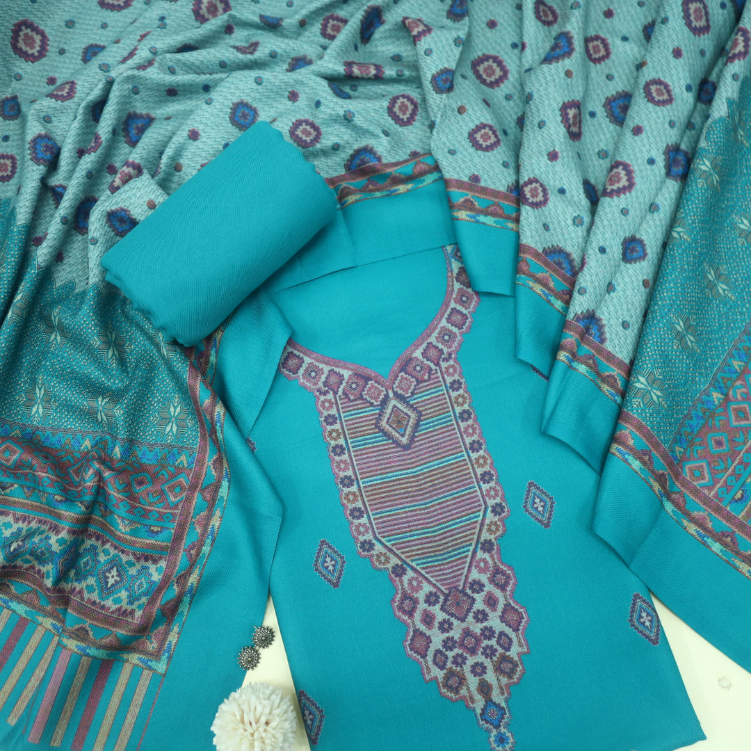 Qurbat Teal Blue Digital Printed Semi Pashmina Suit Set