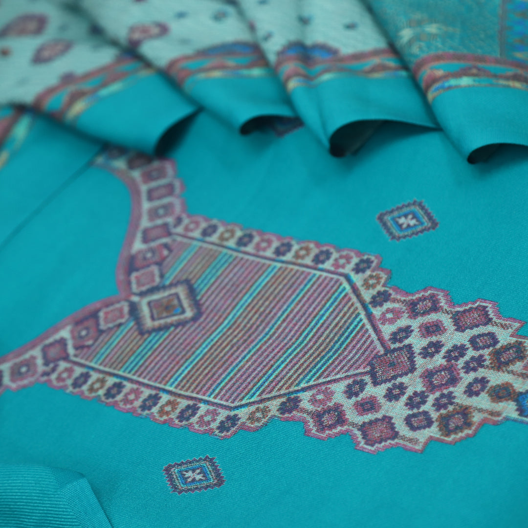 Qurbat Teal Blue Digital Printed Semi Pashmina Suit Set