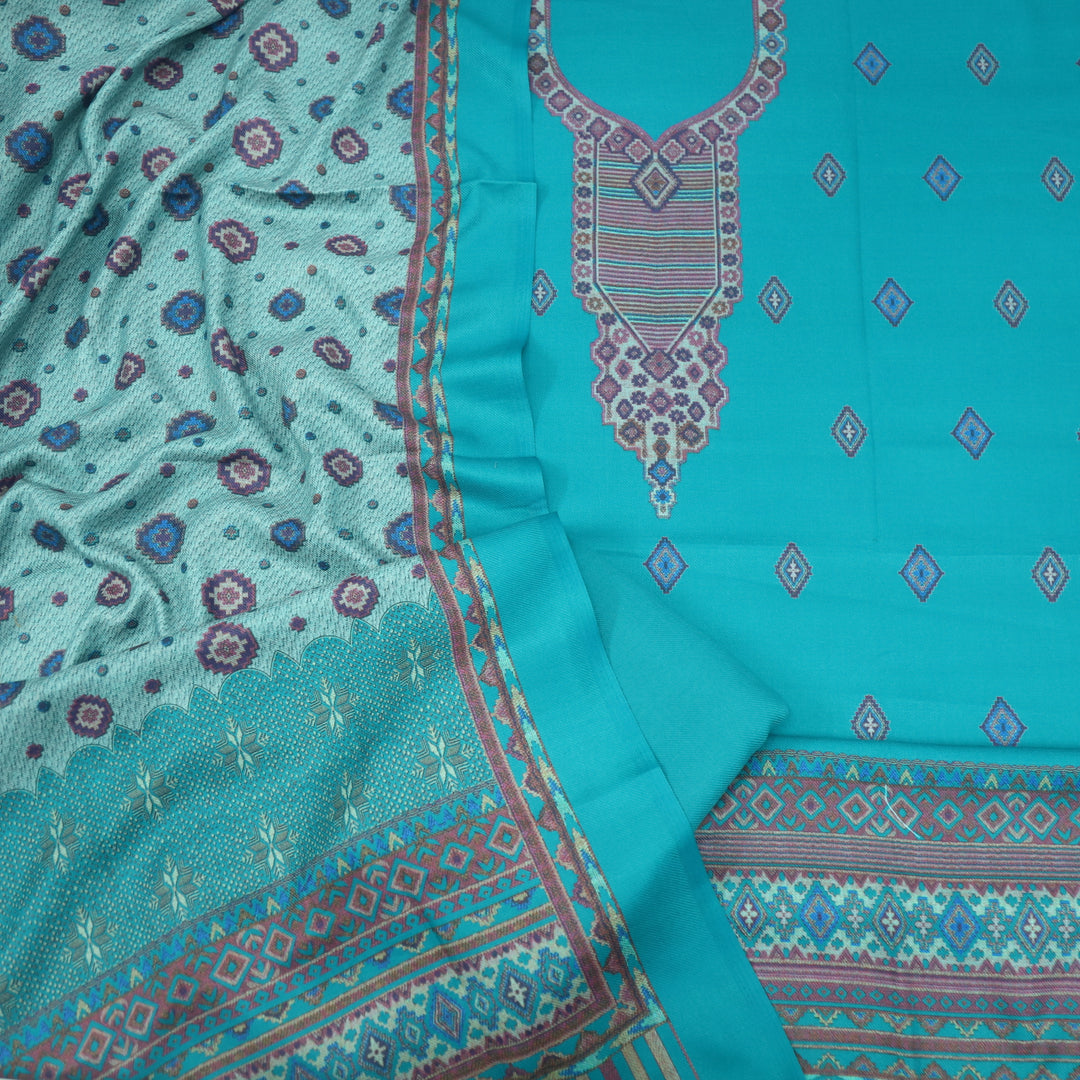 Qurbat Teal Blue Digital Printed Semi Pashmina Suit Set