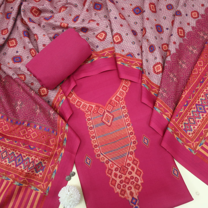 Qurbat Magenta Pink Digital Printed Semi Pashmina Suit Set