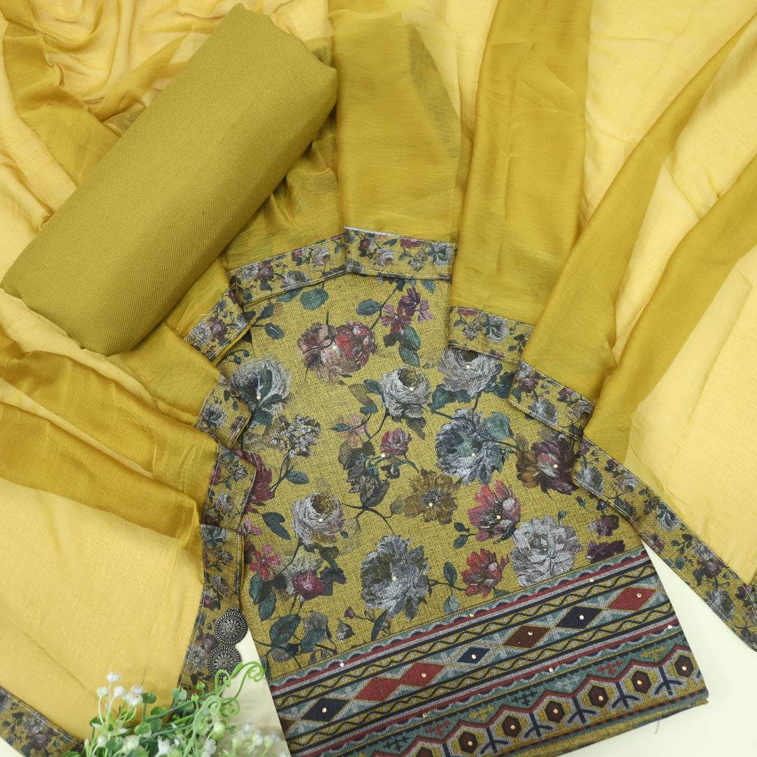 Kalaiya Olive Green Floral Printed Semi Pashmina Suit Set