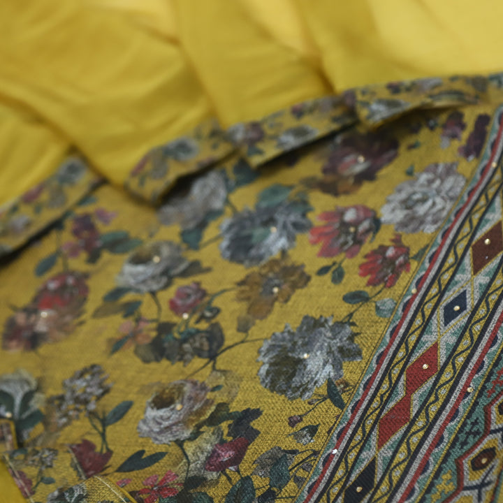 Kalaiya Olive Green Floral Printed Semi Pashmina Suit Set