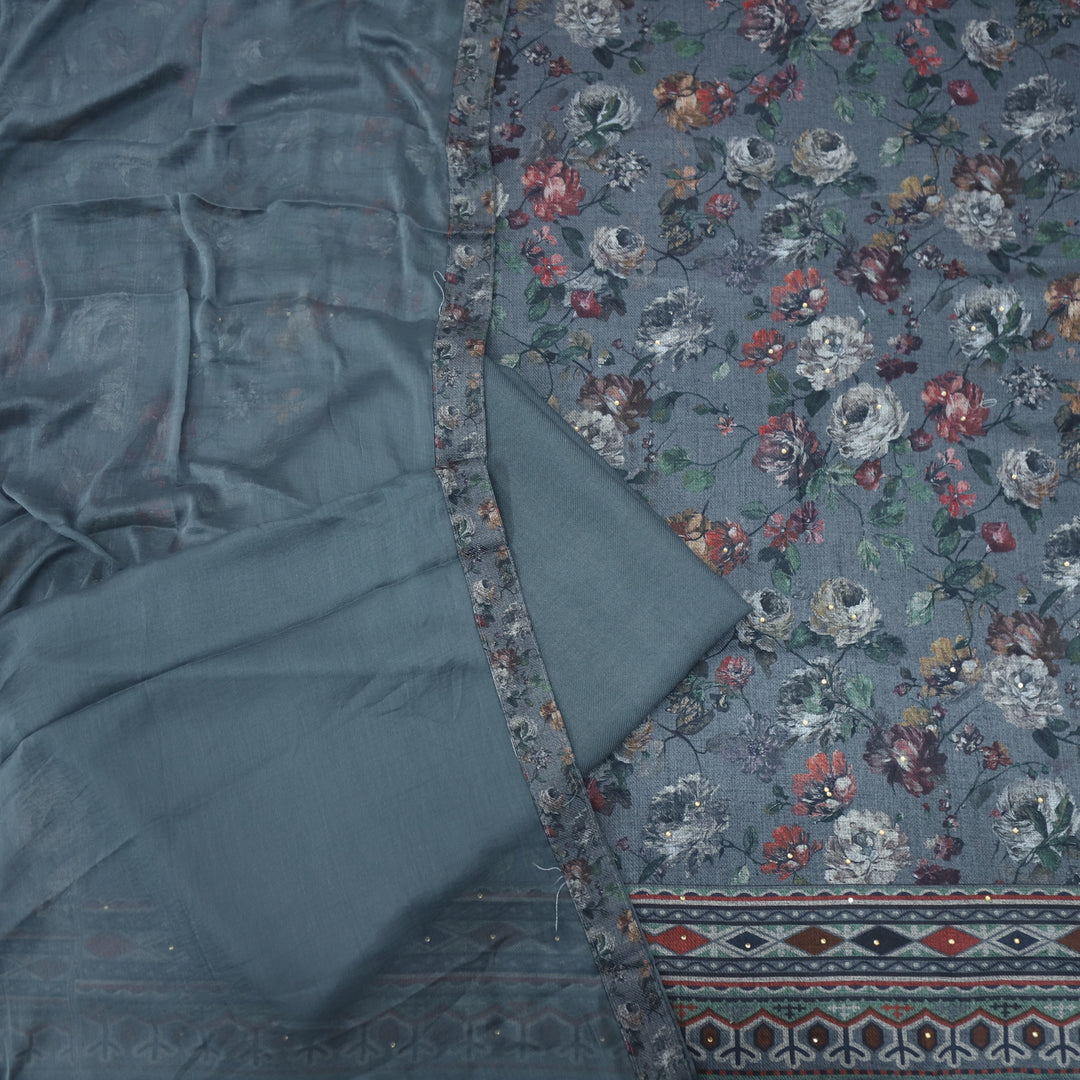 Kalaiya Iron Grey Floral Printed Semi Pashmina Suit Set