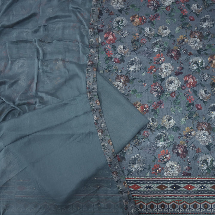 Kalaiya Iron Grey Floral Printed Semi Pashmina Suit Set