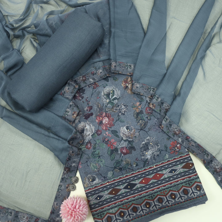 Kalaiya Iron Grey Floral Printed Semi Pashmina Suit Set