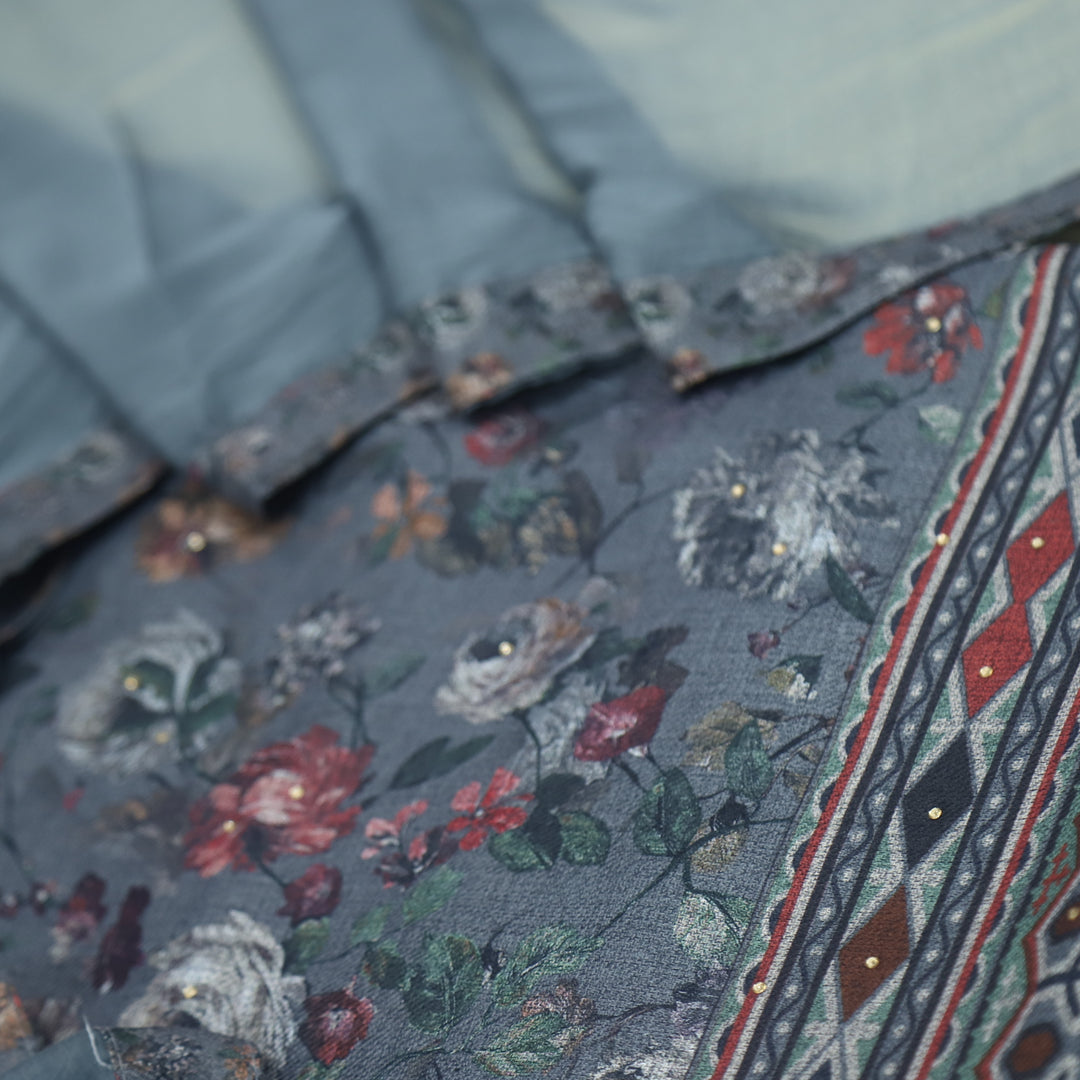 Kalaiya Iron Grey Floral Printed Semi Pashmina Suit Set