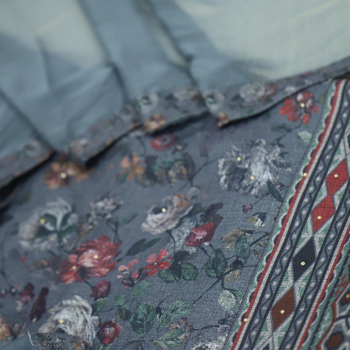 Kalaiya Iron Grey Floral Printed Semi Pashmina Suit Set