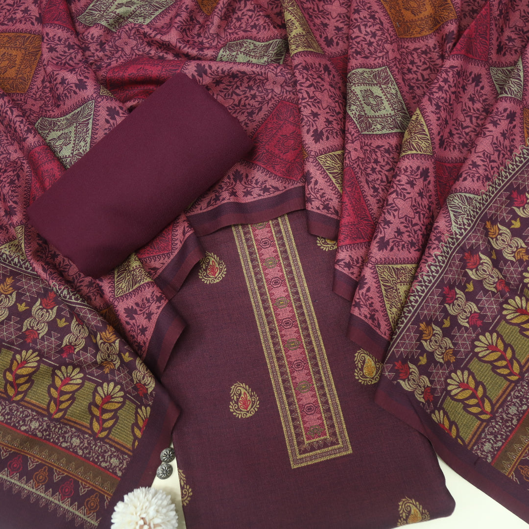 Kanika Wine Purple Digital Printed Kantha Weaved Hem Semi Pashmina Set
