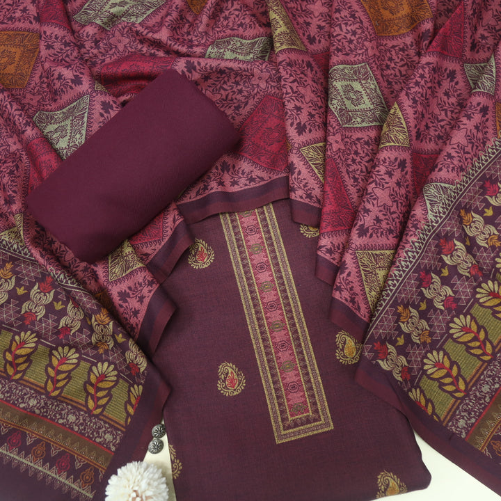 Kanika Wine Purple Digital Printed Kantha Weaved Hem Semi Pashmina Set