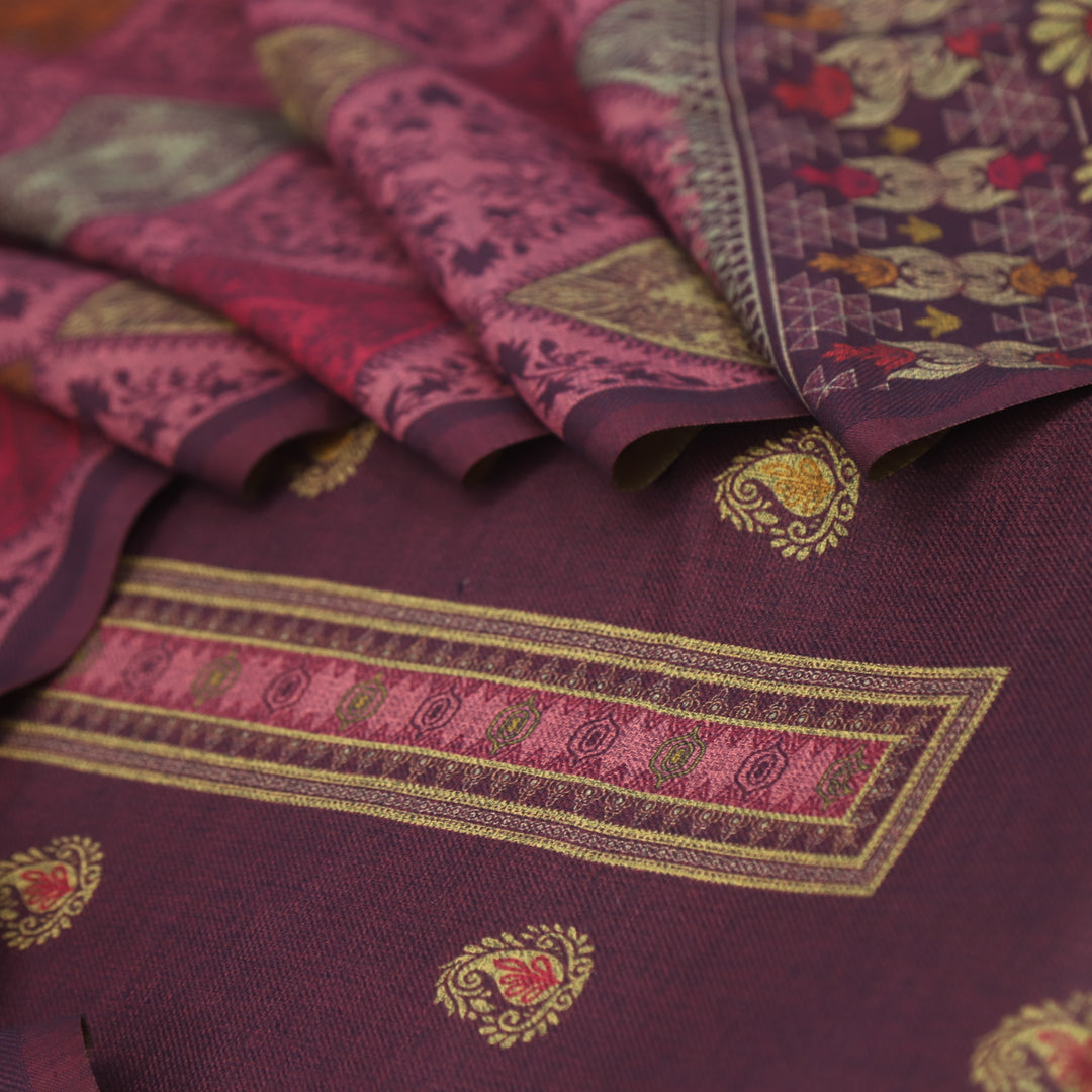 Kanika Wine Purple Digital Printed Kantha Weaved Hem Semi Pashmina Set