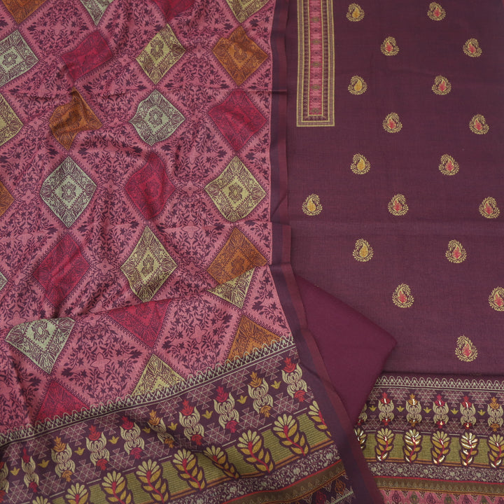 Kanika Wine Purple Digital Printed Kantha Weaved Hem Semi Pashmina Set
