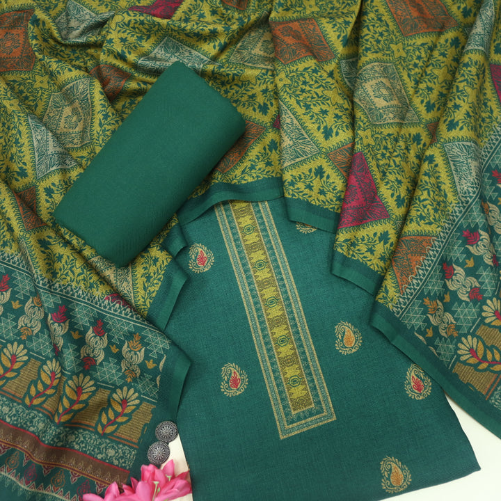 Kanika Sacramento Green Digital Printed Kantha Weaved Hem Semi Pashmina Set