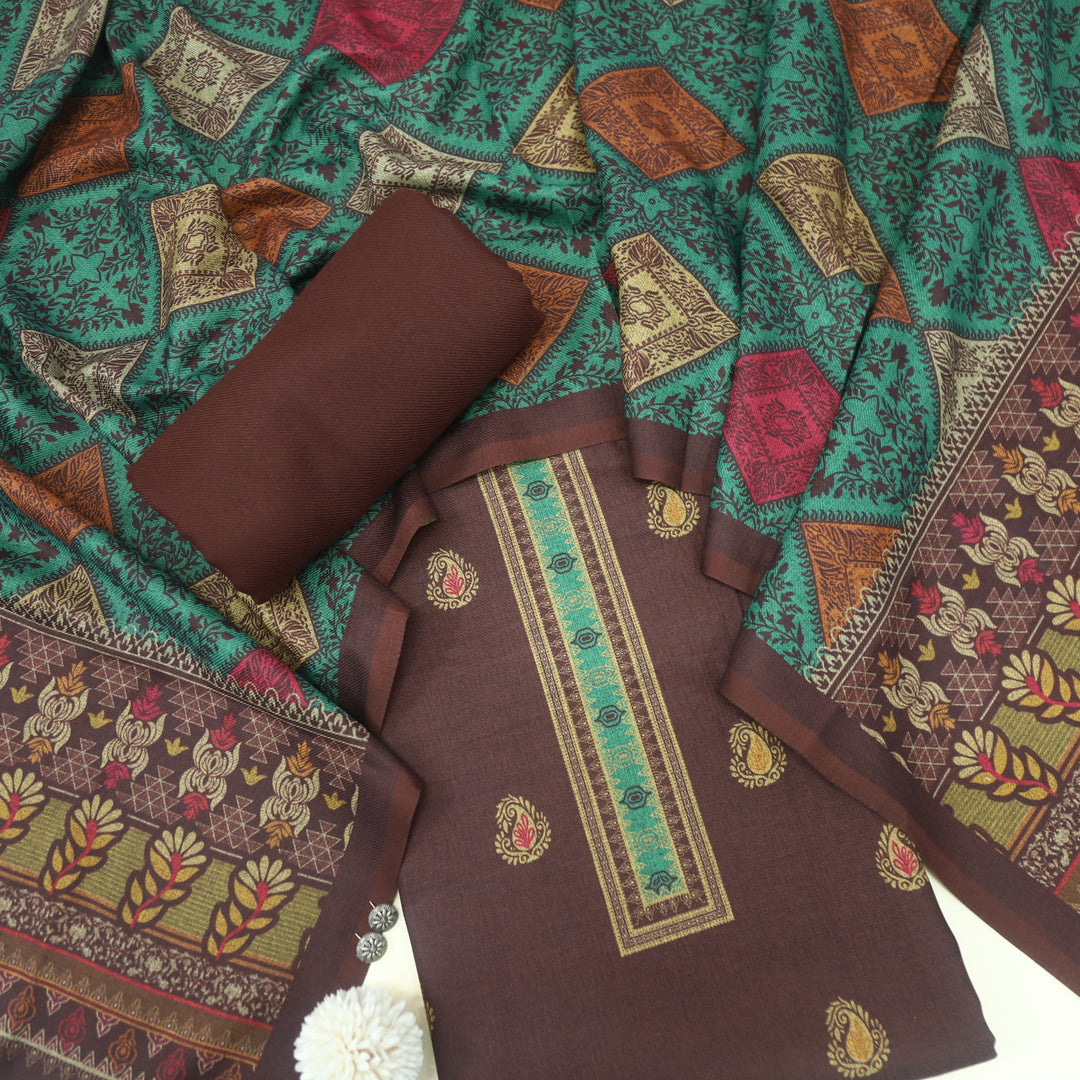 Kanika Umber Brown Digital Printed Kantha Weaved Hem Semi Pashmina Set