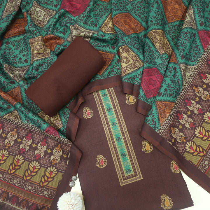 Kanika Umber Brown Digital Printed Kantha Weaved Hem Semi Pashmina Set