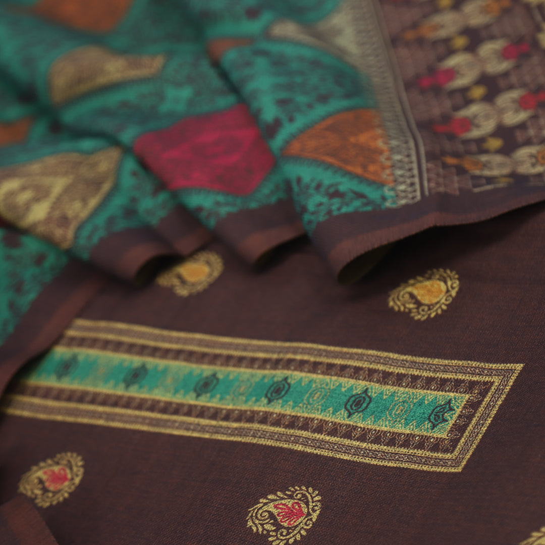 Kanika Umber Brown Digital Printed Kantha Weaved Hem Semi Pashmina Set