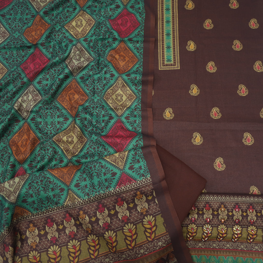 Kanika Umber Brown Digital Printed Kantha Weaved Hem Semi Pashmina Set