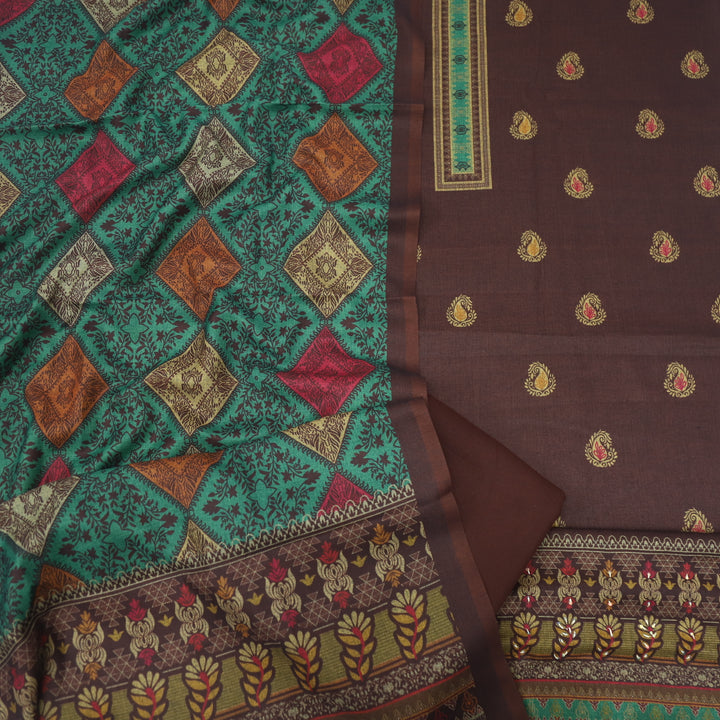 Kanika Umber Brown Digital Printed Kantha Weaved Hem Semi Pashmina Set