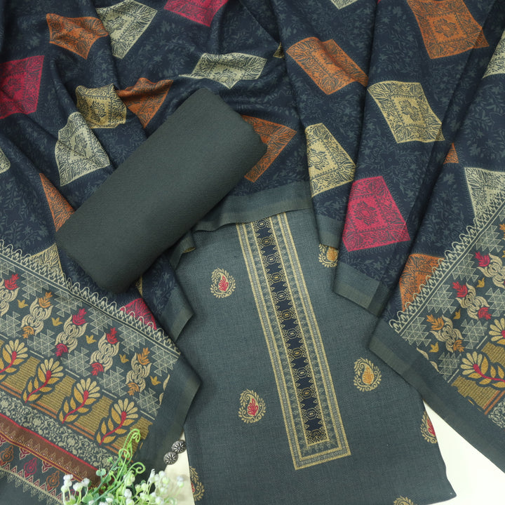 Kanika Lindworm Grey Digital Printed Kantha Weaved Hem Semi Pashmina Set