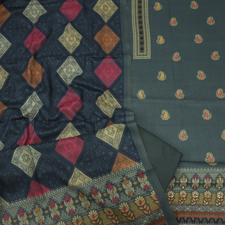 Kanika Lindworm Grey Digital Printed Kantha Weaved Hem Semi Pashmina Set