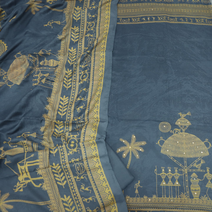 Lagan Bluish Grey African Print with Mirror Work Semi Pashmina Suit Set
