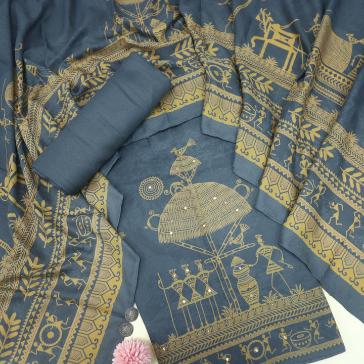 Lagan Bluish Grey African Print with Mirror Work Semi Pashmina Suit Set