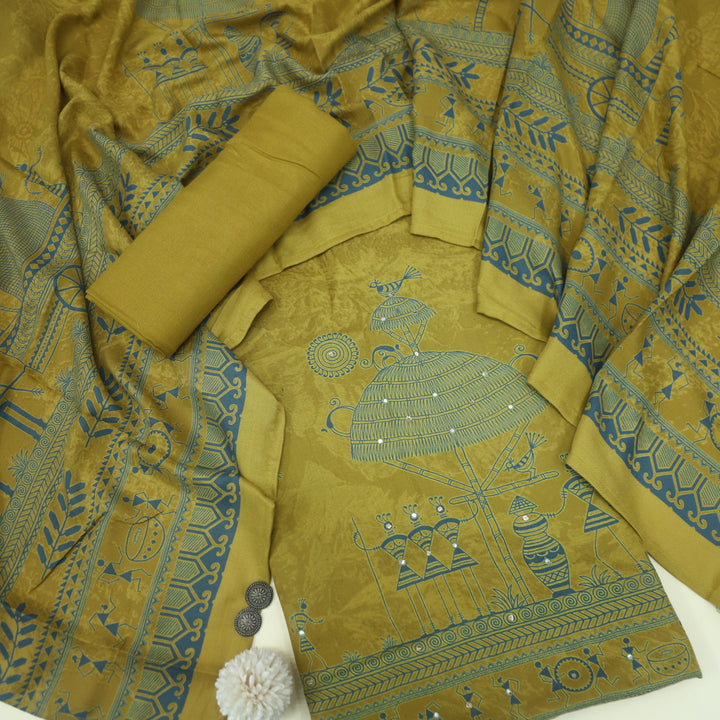 Lagan Dijon Yellow African Print with Mirror Work Semi Pashmina Suit Set