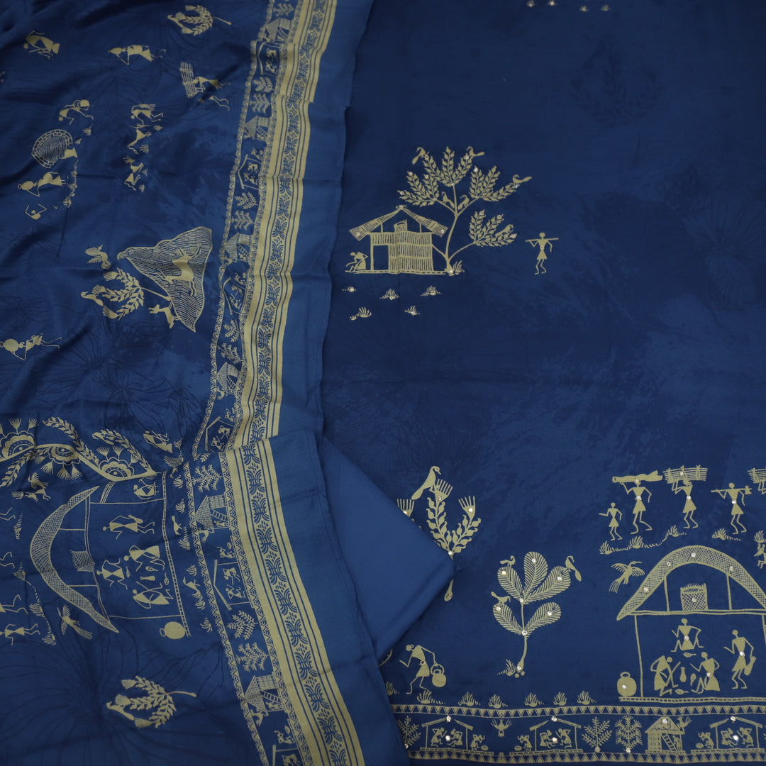 Lagan Royal Blue African Print with Mirror Work Semi Pashmina Suit Set