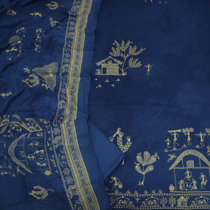 Lagan Royal Blue African Print with Mirror Work Semi Pashmina Suit Set