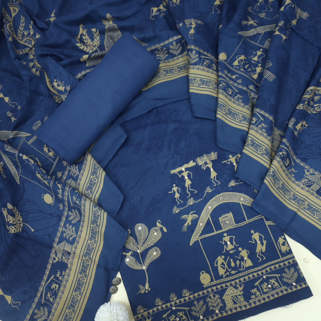 Lagan Royal Blue African Print with Mirror Work Semi Pashmina Suit Set