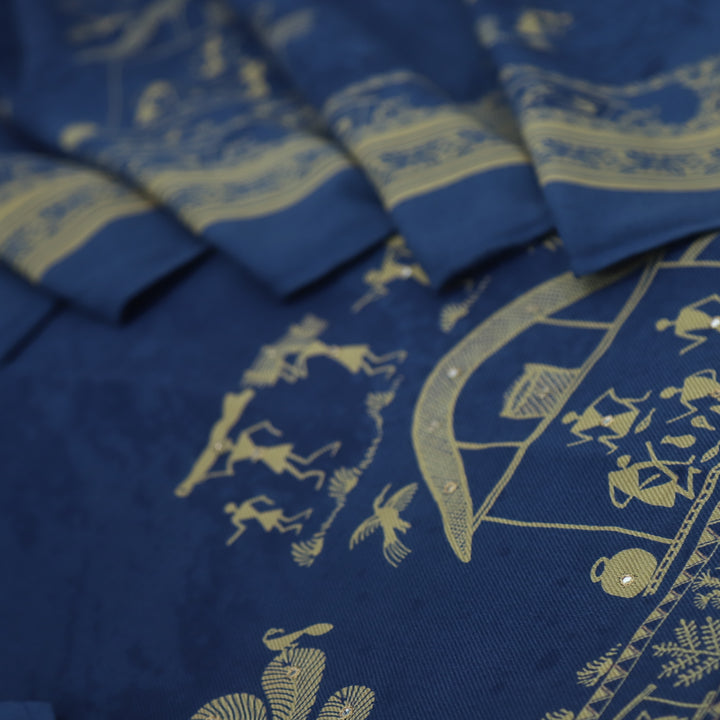 Lagan Royal Blue African Print with Mirror Work Semi Pashmina Suit Set
