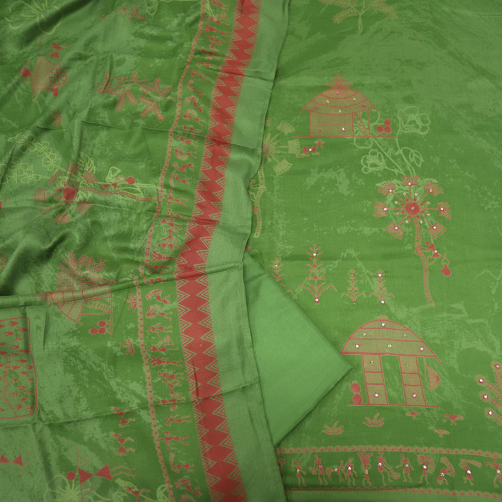 Lagan Grasshopper Green African Print with Mirror Work Semi Pashmina Suit Set