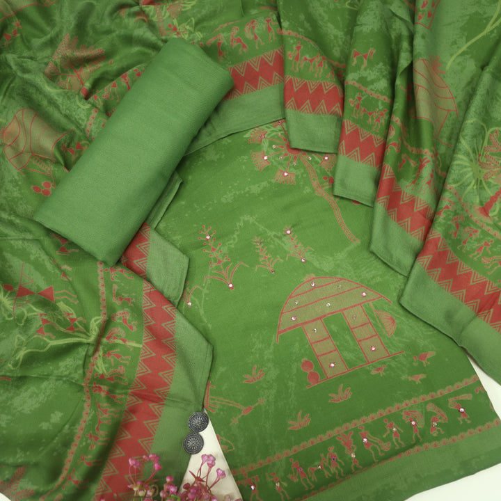 Lagan Grasshopper Green African Print with Mirror Work Semi Pashmina Suit Set