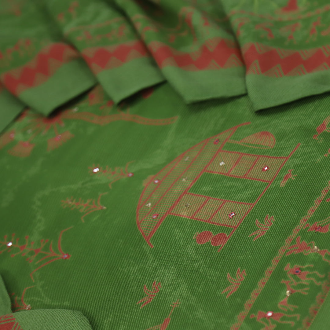 Lagan Grasshopper Green African Print with Mirror Work Semi Pashmina Suit Set