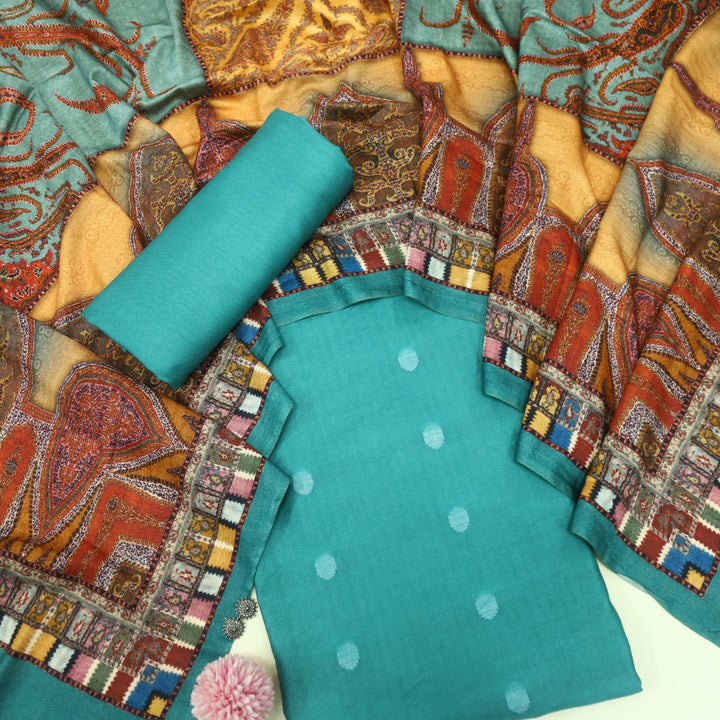 Sharara Teal Blue Classic Dobby Work Pure Viscose Semi Pashmina Suit Set