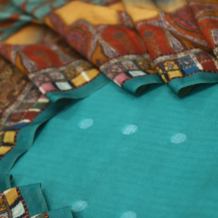 Sharara Teal Blue Classic Dobby Work Pure Viscose Semi Pashmina Suit Set