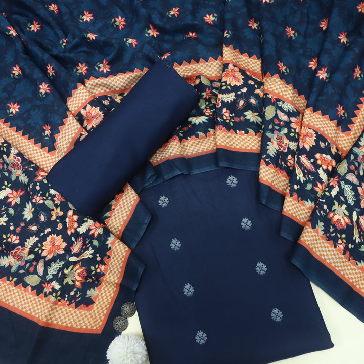 Sharara Midnight Blue Classic Dobby Work Pure Viscose Semi Pashmina Suit Set