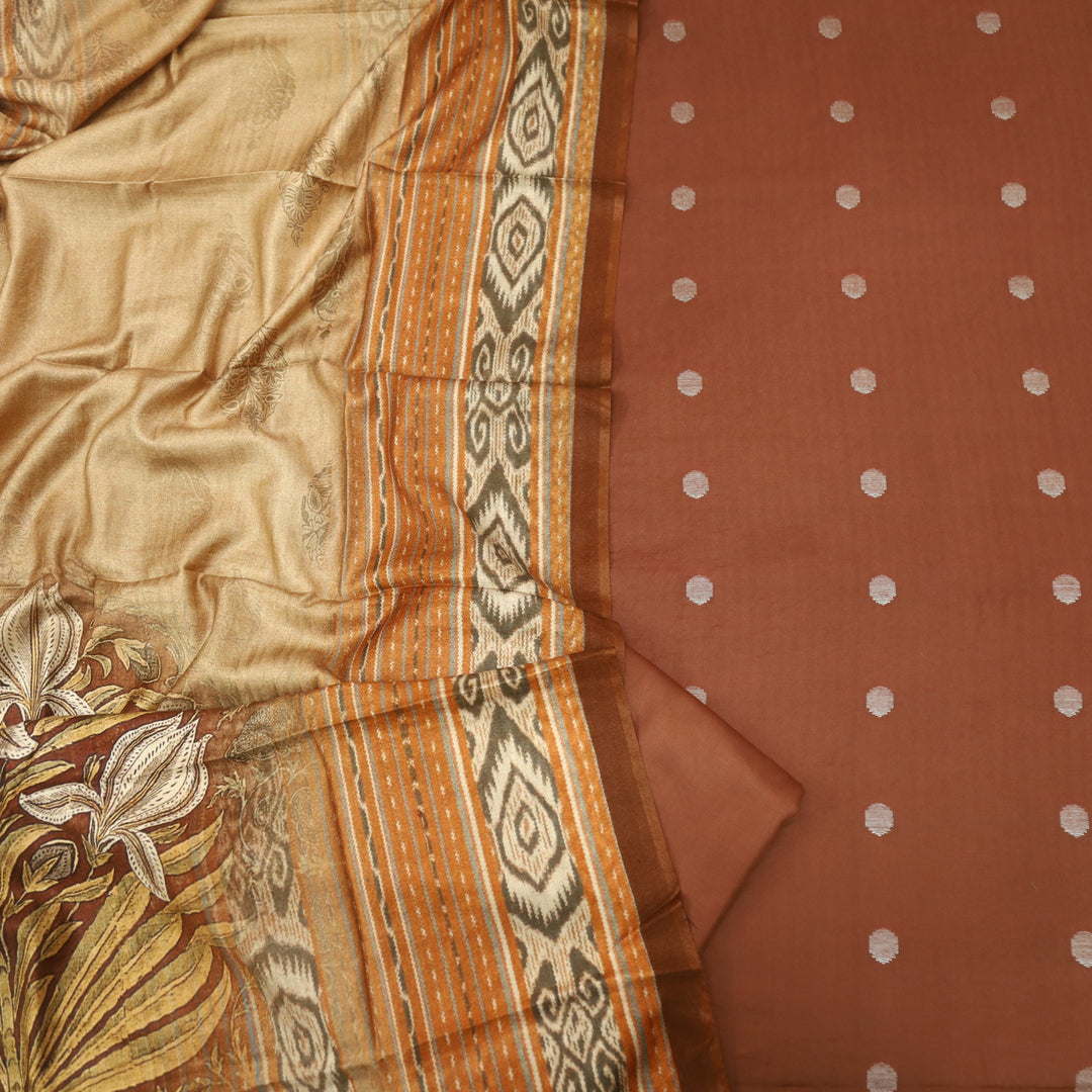 Sharara Pecan Brown Classic Dobby Work Pure Viscose Semi Pashmina Suit Set