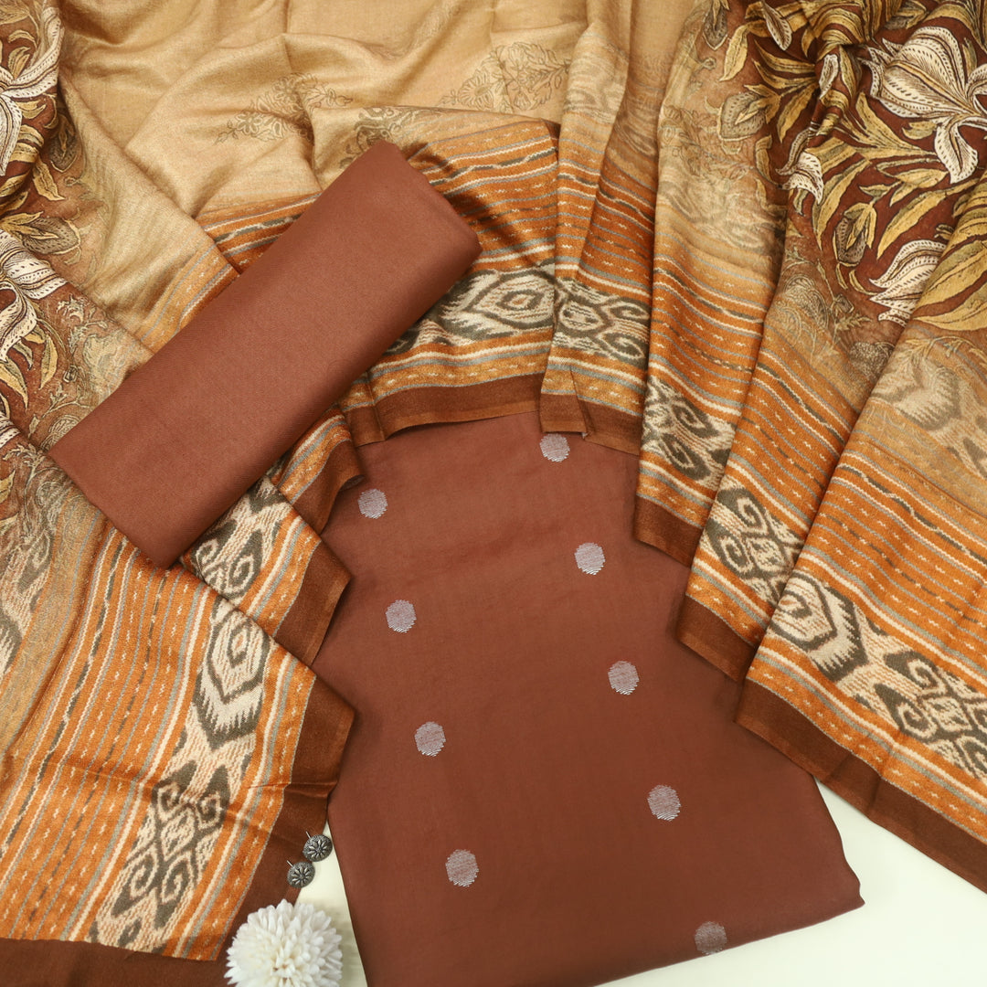 Sharara Pecan Brown Classic Dobby Work Pure Viscose Semi Pashmina Suit Set