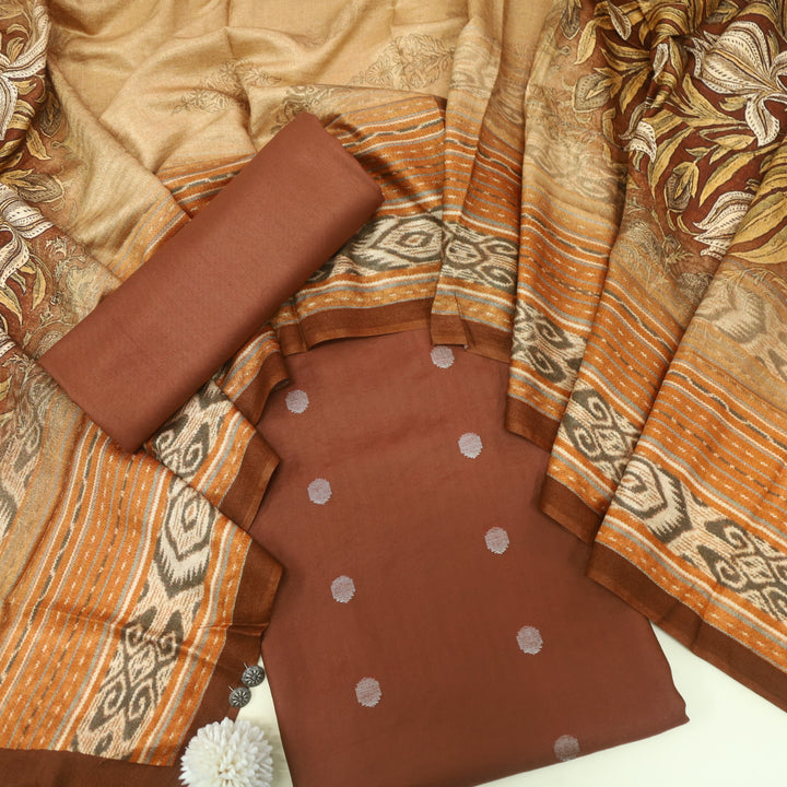 Sharara Pecan Brown Classic Dobby Work Pure Viscose Semi Pashmina Suit Set