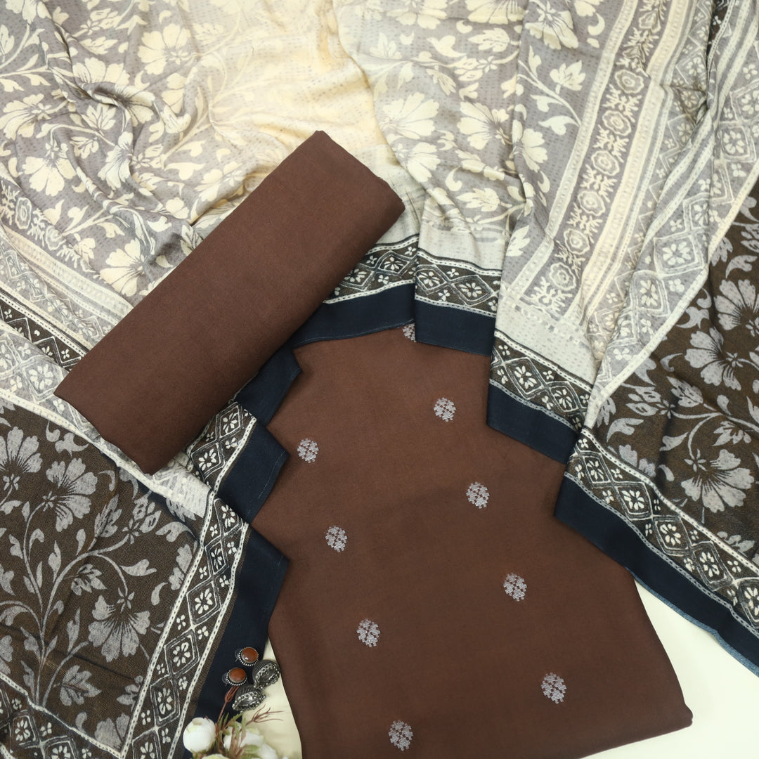 Sharara Hickory Brown Classic Dobby Work Pure Viscose Semi Pashmina Suit Set