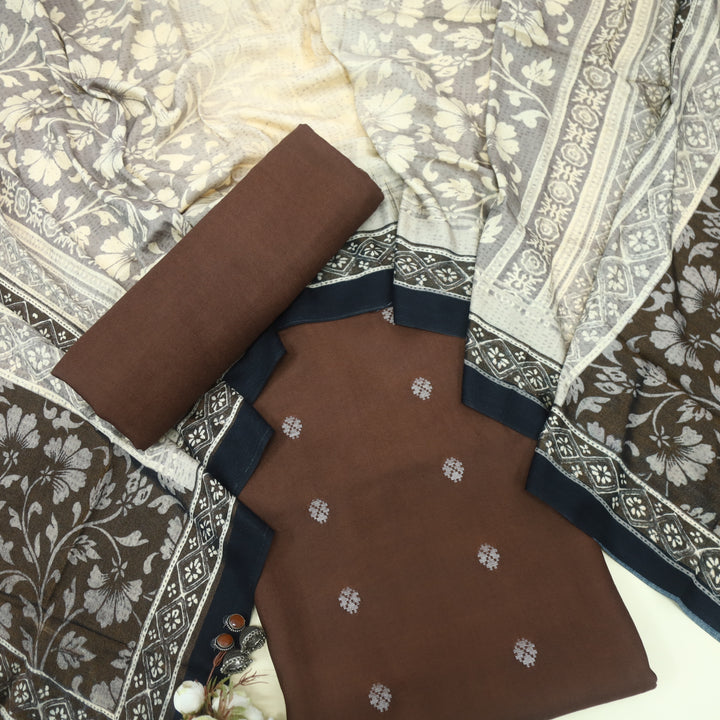 Sharara Hickory Brown Classic Dobby Work Pure Viscose Semi Pashmina Suit Set