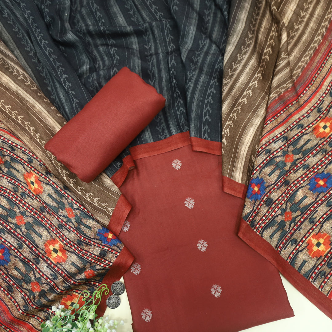 Sharara Aubum Brown Classic Dobby Work Pure Viscose Semi Pashmina Suit Set