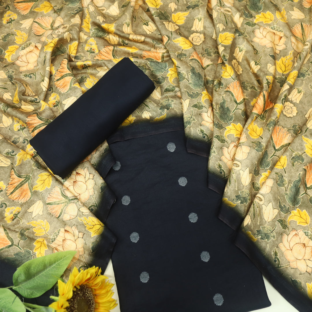 Sharara Ebony Black Classic Dobby Work Pure Viscose Semi Pashmina Suit Set