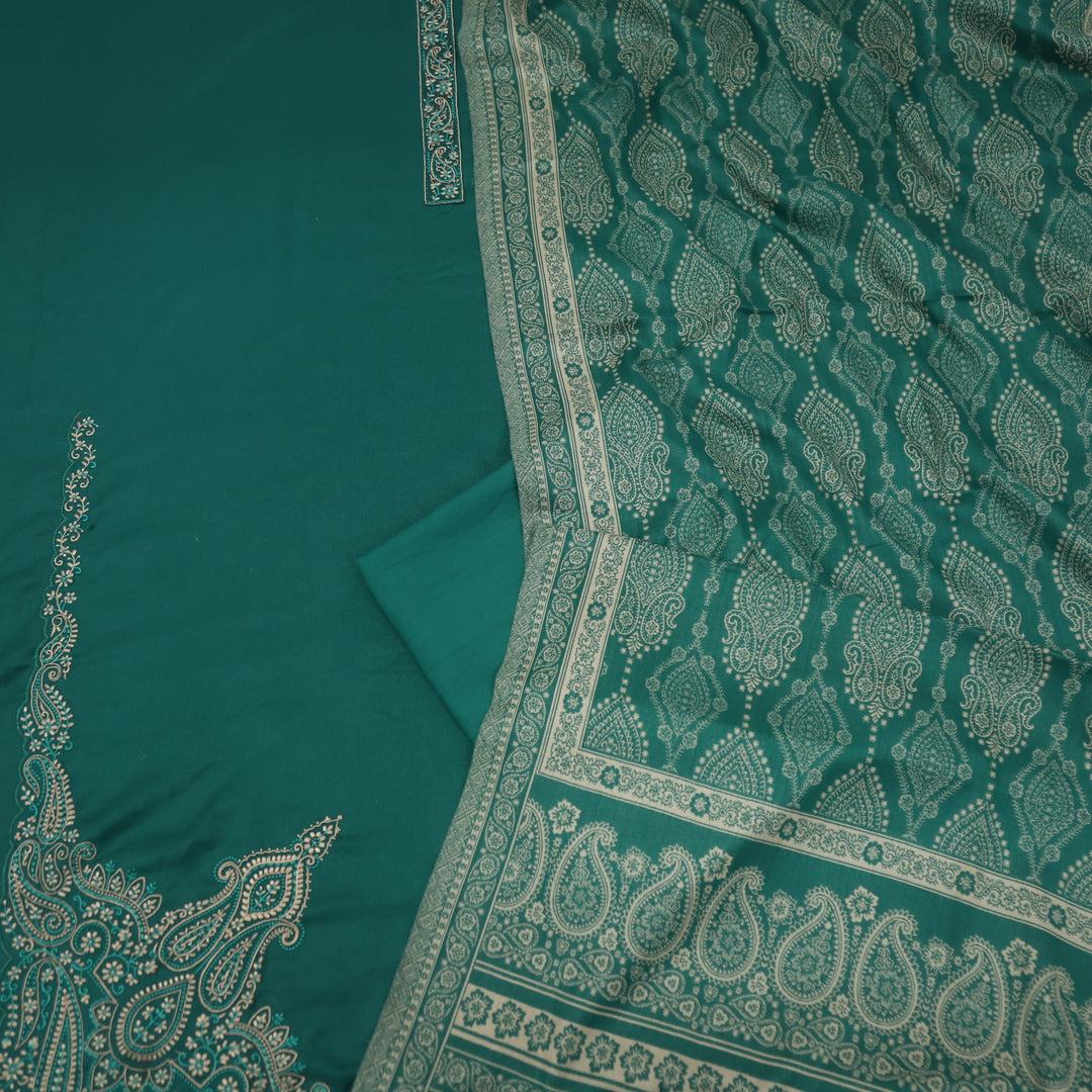 Falak Forest Green Thread Embroidered Work Semi Pashmina Suit Set