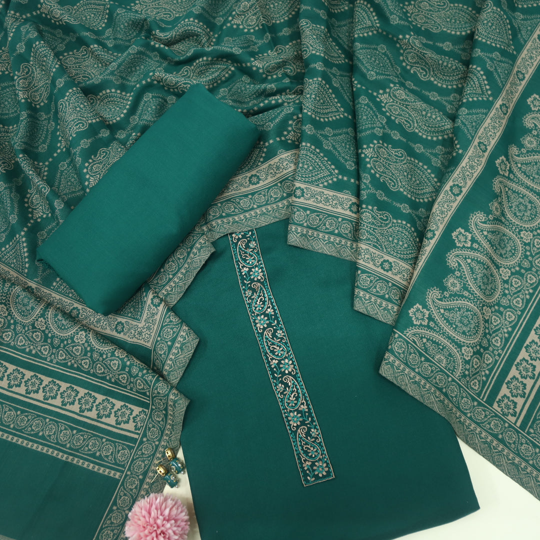 Falak Forest Green Thread Embroidered Work Semi Pashmina Suit Set