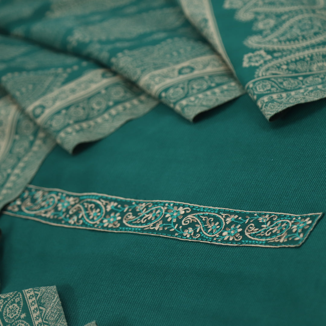 Falak Forest Green Thread Embroidered Work Semi Pashmina Suit Set